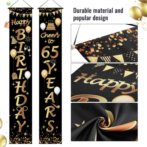 2 Pieces Black and Gold 65th Birthday Party Decorations, Cheers to 65 Years Banner for Men and Women
