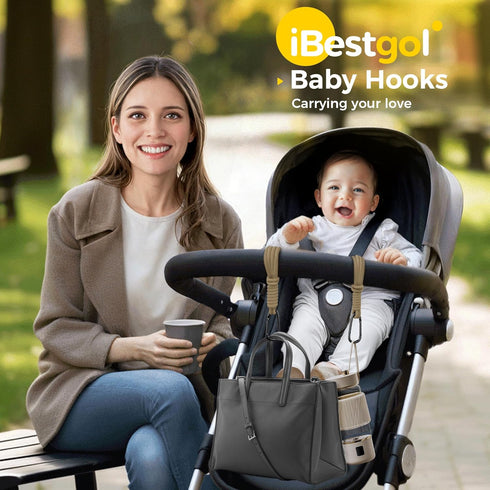iBestgol Mommy Black-2pc Baby Stroller Hooks, Universal Clips for Diaper and Bags, Heavy-Duty Hangers with Straps