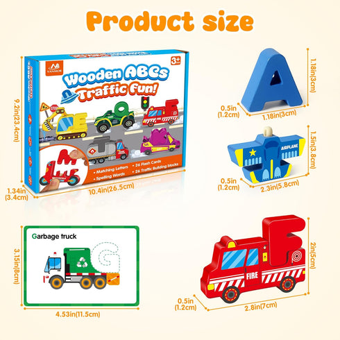 52 Vanmor Wooden Vehicle Alphabet Puzzle for Toddlers, Traffic ABC Letter Sight Words Matching Game with Blocks