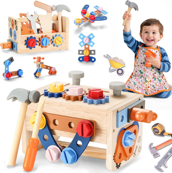 REXBETI Kids Tool Set with Electric Drill, 43Pcs Wooden Toddler Tool Bench