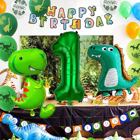 Happy 1st Birthday Decorations - Large Dinosaur Foil Balloons, Number 1 & Dinosaur Printed Balloons, Banner for Boy &