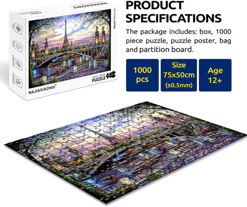 1000 Pieces Wooden Jigsaw Puzzle for Adults - Flower Eiffel Tower Paris Bridge Puzzle Gift for Family Home Decor