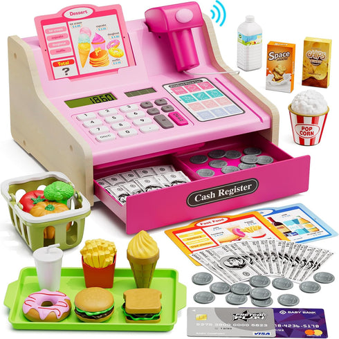 Wee Wonders Wooden Cash Register for Kids with Real Calculator, Rechargeable Cash