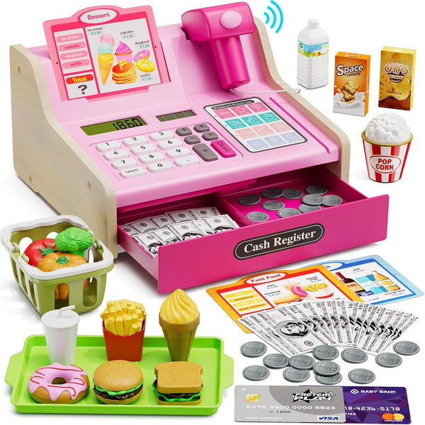 Wee Wonders Wooden Cash Register for Kids with Real Calculator, Rechargeable Cash