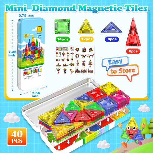 Magnetopia 40 Set 3+, Mini Diamond Texture Magnetic Tiles with Iron Box, PCS Travel Magnetic Tiles, STEM Educational