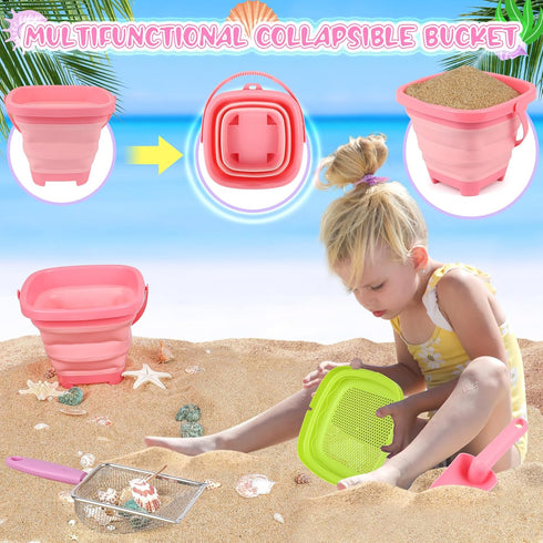FHOZGECY Beach Toys, Sand Toys with Collapsible Bucket, Sand Sifter, Beach Mesh Shovel, Shark Tooth Sifter and Mesh Bag