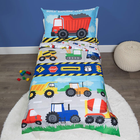 Baby Boom 4 Set, Set Funhouse Construction Area Piece Toddler Bedding Trucks Includes Comforter, Sheet Fitted + Top