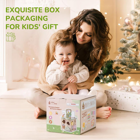 7 1+ ROBUD Wooden Activity Cube, Educational Wooden Toys with Functional Areas, Montessori Toys for Year Old Boys