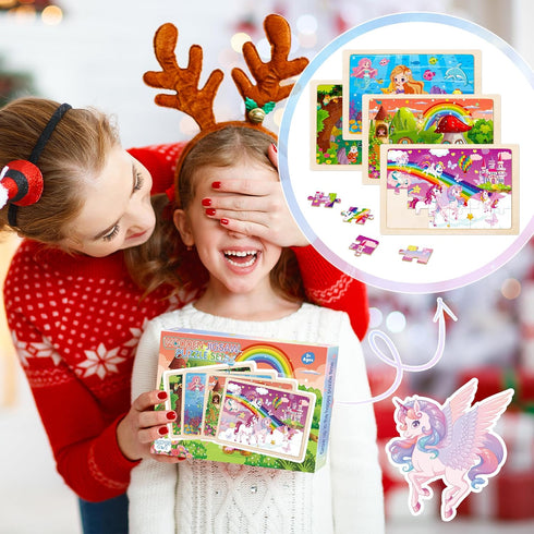 Sticeard 4-6,Unicorn Puzzles,24pcs 3-5,4 Pack 3 4 5 Wooden Puzzles for Kids Ages Princess Mermaid Fairy Kid Puzzles