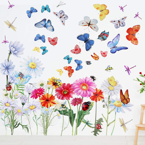 Zonon 64 Pcs Flowers Butterflies Wall Decals - Chrysanthemums Dragonflies Botanical Peel and Stick Art for Nursery Decor