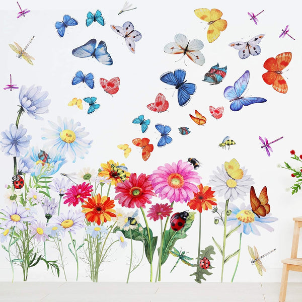 Zonon 64 Pcs Flowers Butterflies Wall Decals - Chrysanthemums Dragonflies Botanical Peel and Stick Art for Nursery Decor