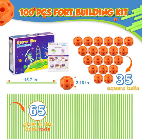Fort Building Kit for Kids - 100 Pcs Glow in The Dark Creative STEM Toys for Indoor Outdoor Fun, Ages 5-10