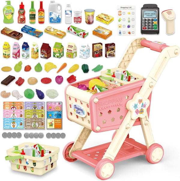 RedCrab Kids Shopping Cart,75PCS Toy Shopping Cart Playset with Food Shop Accessories,