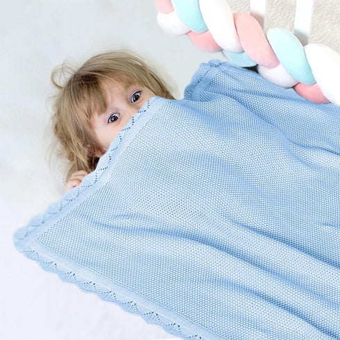 100% Cotton Baby Blanket, Knit Lace, Soft Warm Toddler Blanket, 30 x 40 Inches, Sky Blue