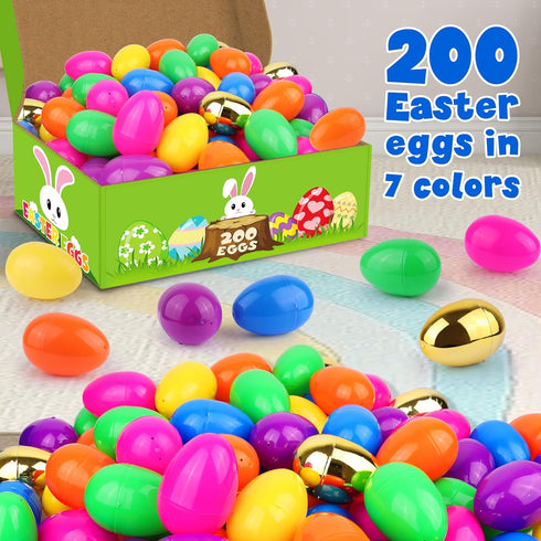 FLYSNK 200 Pack 6 2.4 Inch Easter Eggs Bulk Include Surprise Golden Eggs, Bright Colors Fillable Plastic Easter Egg