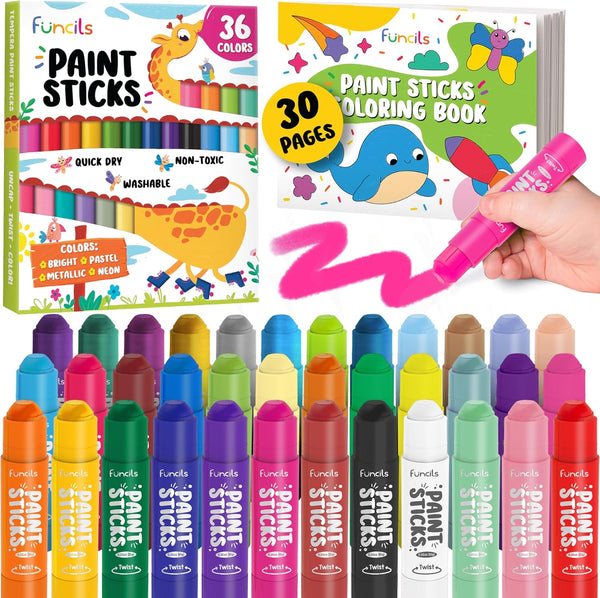 36 Washable Tempera Paint Sticks for Kids with Coloring Book | Non-Toxic