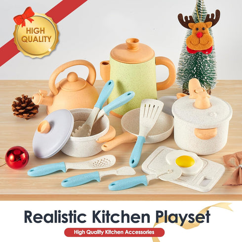 BUYGER Pretend Play Kitchen Accessories Set, Cookware Pots and Pans Cooking Utensils Playset for Kids