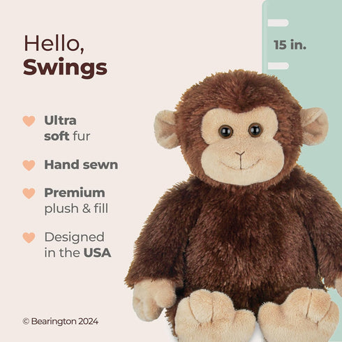 Bearington Collection 15-Inch Monkey Stuffed Animal Plush Toy - Soft & Washable Swings Monkey for Babies & Toddlers