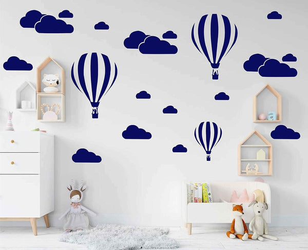 Giant Removable Vinyl 3D Hot Air Balloons with Clouds Wall Decals for Kids Bedroom Decor (White, Navy Blue)