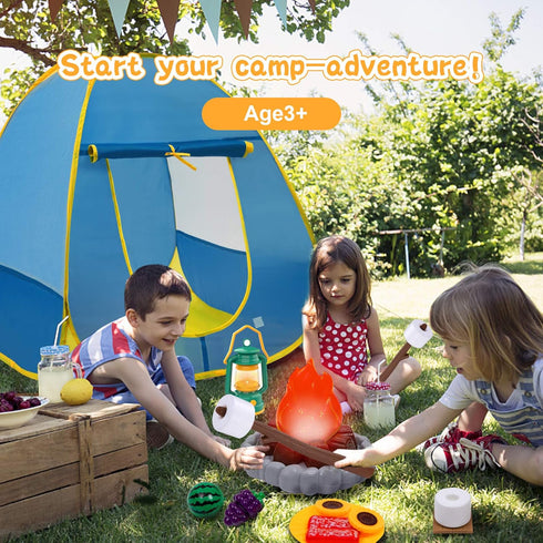Set, MITCIEN Camping Toys Play Pretend Campfire, Play Food for Kids with Oil Lantern, Pretend Fruits Vegetables