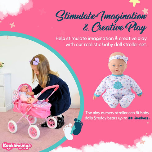 2 1 KOOKAMUNGA KIDS Baby Doll Stroller Pram - Realistic Toy Baby Stroller for Dolls in Toy Play Pram Doll Carriage