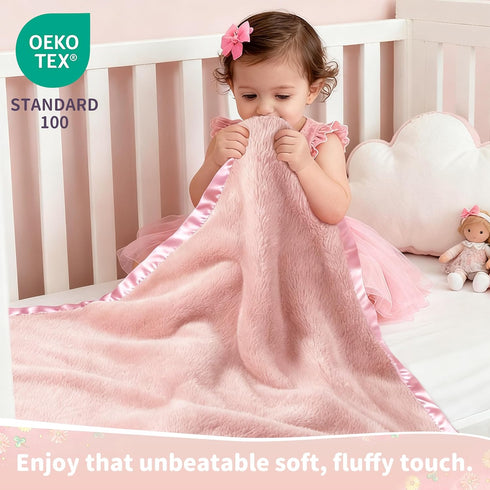 2 Inch Cozy 30x40 Inch Pro Goleem Fleece Baby Blankets for Girls with Satin Trim, Super Soft Plush Receiving Blanket