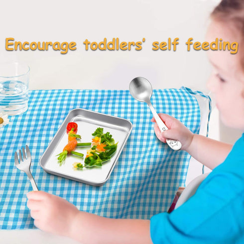 E-far Stainless Steel Kids Plates: 4 Pieces Mini Metal Dinner Dish Set, Non-Toxic & Dishwasher Safe