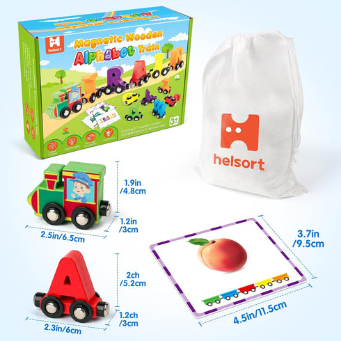 Helsort 27 Set, 42 1 3-7 PCS Magnetic Wooden Alphabet Train ABC Learning Toy with Flash Cards, Engine and Storage Bag