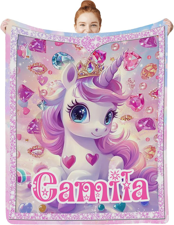 Personalized Baby Blanket with Unicorn Pattern for Girls, Custom Kids Blanket with