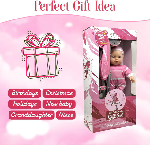 Set 12" Set Baby Doll with Stroller - Baby Doll with Pacifier Gift - Pink Fabric Baby Stroller Toy for Kids - Foldable