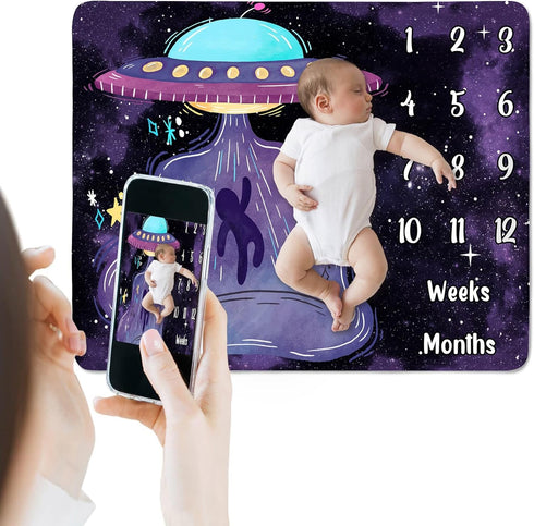60x40in 48x40in) UFO Baby Monthly Milestone Blanket, Soft Flannel, Alien Round Spaceship, Newborn Mom Gifts, Baby