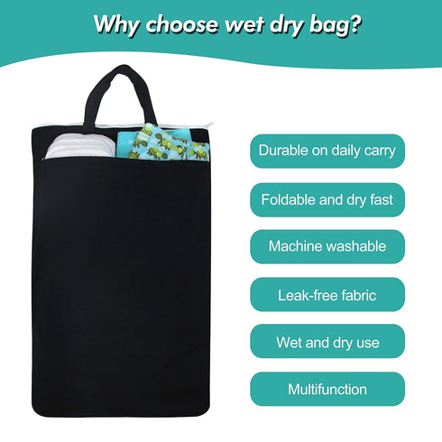 wegreeco Large Black Reusable Hanging Wet Dry Cloth Diaper Bag
