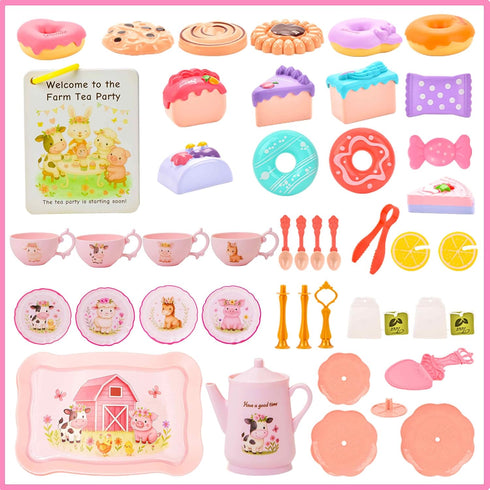 Set 47PCS Sets 3-5 Lajeje Pink Barn Tea Party for Little Girls, Farm Animal Pretend Play Tea Time Kit, Tea for Toddlers