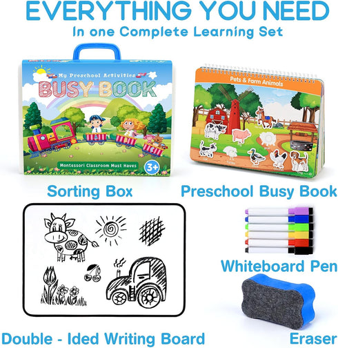 15 3-5 HarVow Busy Book with Classified Storage Box & Double-Sided Writing Board, Themes Montessori Preschool Learning