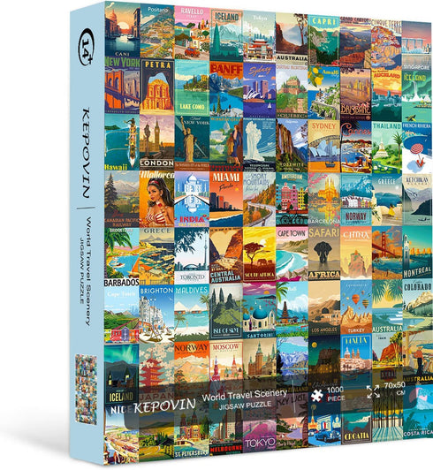 1000 1000 90 Puzzles for Adults Pieces Vintage World Travel, Jigsaw Puzzles Landscape Poster Puzzle Landmarks, Piece