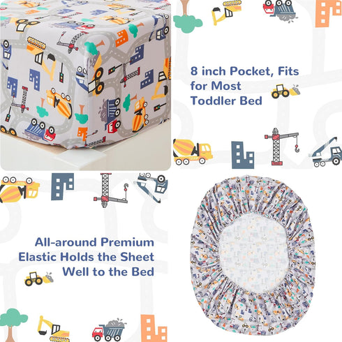 lasoftan Set 4 Sets, Set Construction Toddler Bedding for Boys, Piece Bed-in-a-Bag Toddler Comforter Excavator, Cars