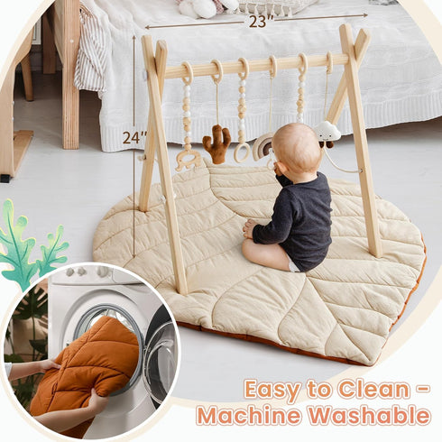 6 Razee Wooden Baby Play Gym Activity Mat, Leaf Shaped Play Mat Baby Gym with Hanging Sensory Toys Foldable Baby Gym