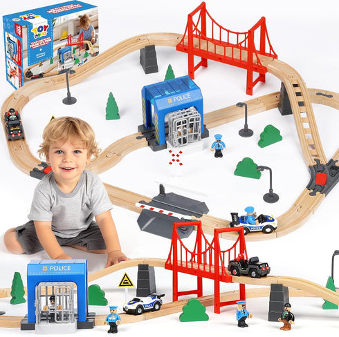 TOY Life Wooden Train Set for Toddlers 2-4, 56PCS Police Station Train