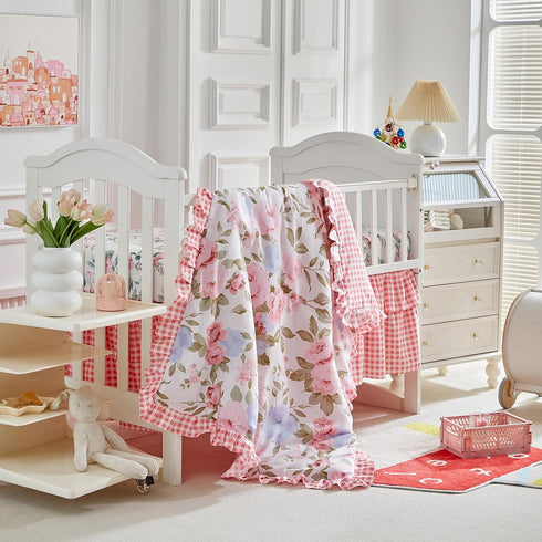 Shxime 3 Set, Cozy Piece Floral Crib Bedding Soft Quilted Baby Comforter with Fitted Sheet & Ruffled Crib Skirt