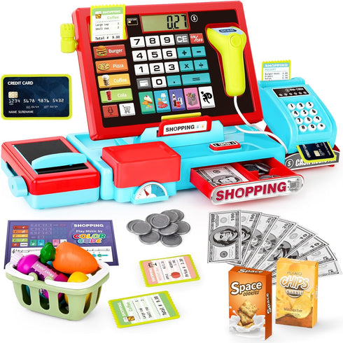 maysida 52PCS Toy Cash Register for Kids with Sound Music/Scanner/Microphone/Credit Card/Play Money,