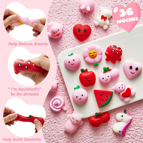 36 Packs JOYIN Valentines Day Mochi Squishy Toys, Stress Relief Fidget Toy, Cute Miniature Novelty Squeeze Toys
