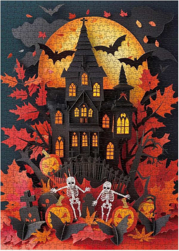 Halloween Jigsaw Puzzle 1000 Piece for Adults - Paper Cut Art Skeleton Scary House Horror Puzzle for Fall Decor