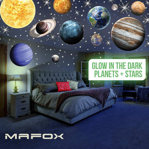 Glow in The Dark Planets, Bright Solar System Wall Stickers, 9 Glowing Ceiling Decals for Kids' Room Decoration