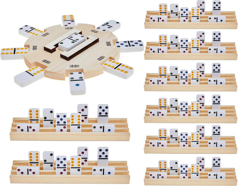 Poen Mexican Train Dominoes Set, Wooden Mexican Train Hub with 8 Pcs Domino
