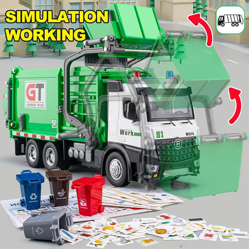 TAKGUD 12" Set 4 Garbage Truck Toys for Boys, Big Trash Truck with Lights and Sounds, Friction Powered Waste Management