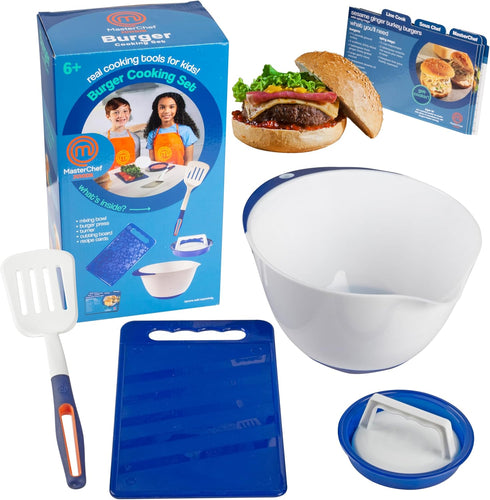 Masterchef Junior Kid's Burger Cooking Set - 9 Pc Kit with Real Cookware for Children, Bowl, Recipes, Hamburger Press