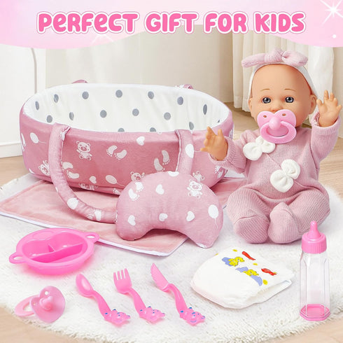 12" Set 13 3 4 5 6 Golray Soft Baby Doll with Accessories Bassinet Carrier, Pcs First Toddlers Realistic Baby Doll Crib