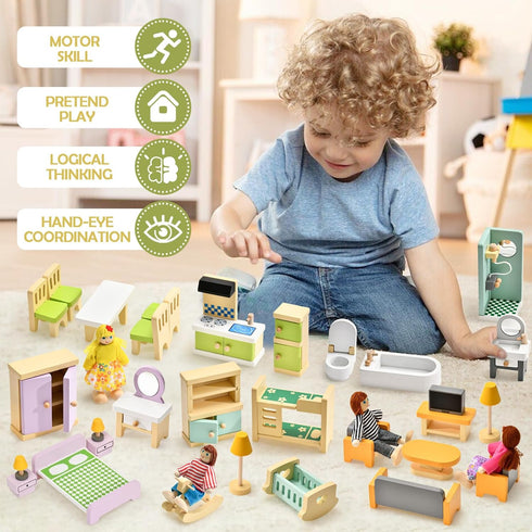 Set, 36PCS 5 4 3 4 5 6 Toyssa Wooden Dollhouse Furniture Miniature Doll House Accessories with Colorful Room & Flexible