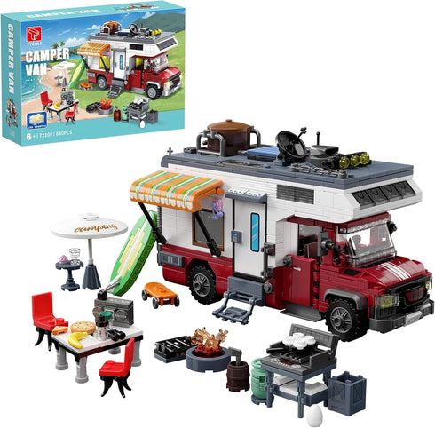 TYCOLE City Camper Van Building Set-Beach Camping Themed Construction Toy Kit with Mini