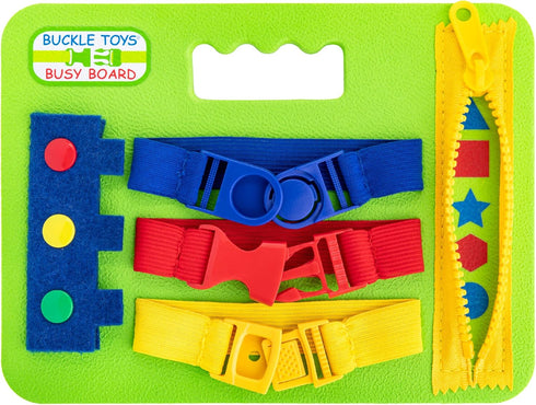 Buckle Toys Mini Busy Board - Green Montessori Learning Toy for Toddlers, Foam Sensory Board, Develop Fine Motor Skills